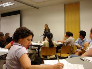 small groups report their lesson plans