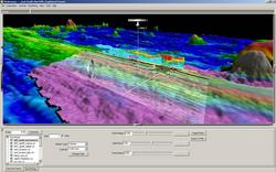 Screen shot from Fledermaus showing bathymetry, subbottom seismic data, sensor locations, and water column data from the East Pacific Rise