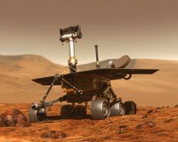 A realistic artistic rendering of a Mars rover on Mars.