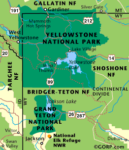 Map of Yellowstone National Park and Grand Tetons National Park