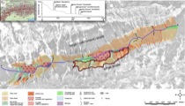 Fig. 1: Location of the study area and spatial distribution of sediment storage types. A longitudinal profile (blue line) and the two considered spatial scales are shown (modified from Schrott et al. 2003).
