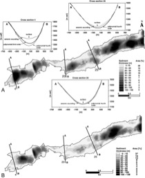 Fig. 3: A: Calculated valley fill deposits derived from geomorphometric analysis using polynomials. The three selected cross sections show shapes derived from geomorphometric analysis and seismic refraction interpretation. B: Calculated sediment thickness