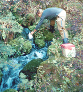 Collecting water sample from a spring discharging from the Madison aquifer