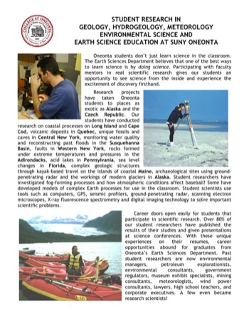 SUNY Oneonta Earth Sciences Undergraduate Research Flyer
