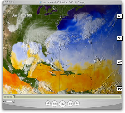 Screen shot of the 2005 hurricane season visualization with latitude labels attached.