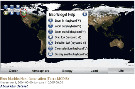 Blue Marble image on NEO site with Map Widget Help box open