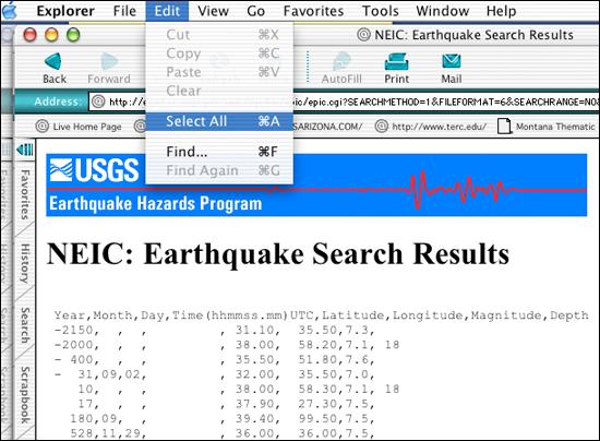 Select all the displayed earthquake records