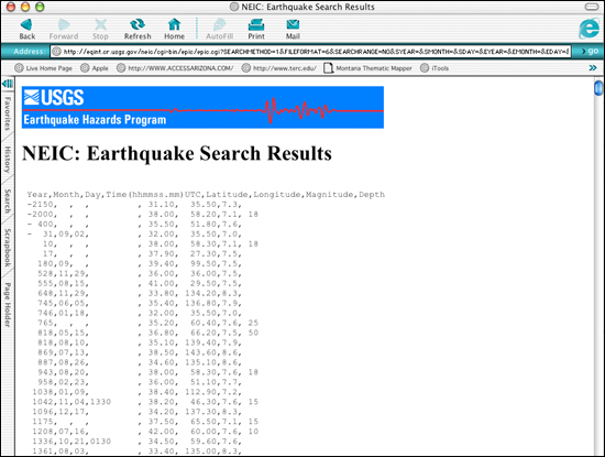 Search results displayed for significant worldwide earthquakes with a magnitude of 7.0 or greater