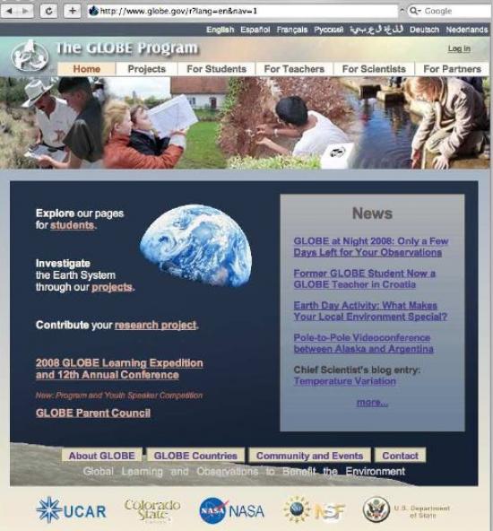 Home page of the GLOBE Web site.