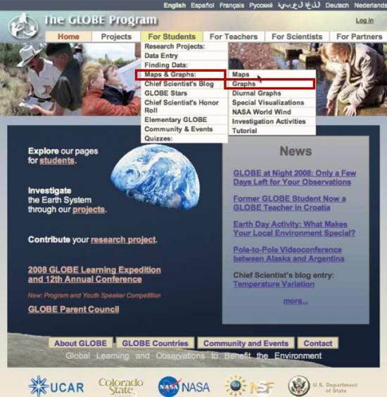 Link on the GLOBE Web site where the Maps and Graphs section is selected