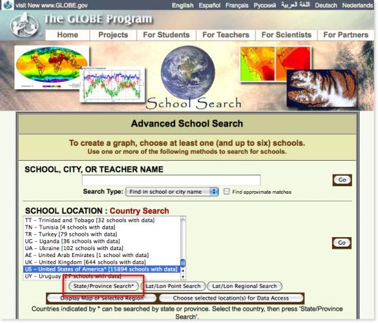 Window on the GLOBE Web site where the country of interest is selected