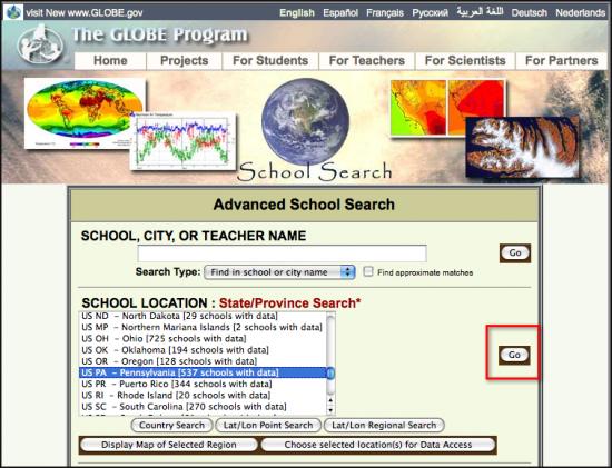 Window on the GLOBE Web site where the state of interest is selected.