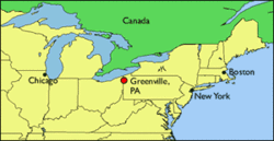 Northeastern US map showing Greenville, PA
