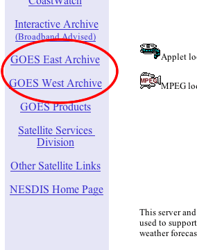 This image shows the links that provide access to the GOES East or West archives.