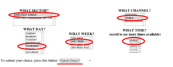 This image shows the completed template you can use to pull up a GOES image from the 21 day archive.