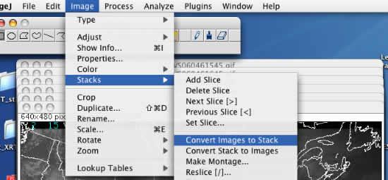 This image shows the Image j menu item that converts images to a stack