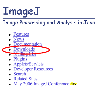 This image highlights the Downloads link on the Image j home page