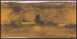 Map of Mars showing rover landing sites