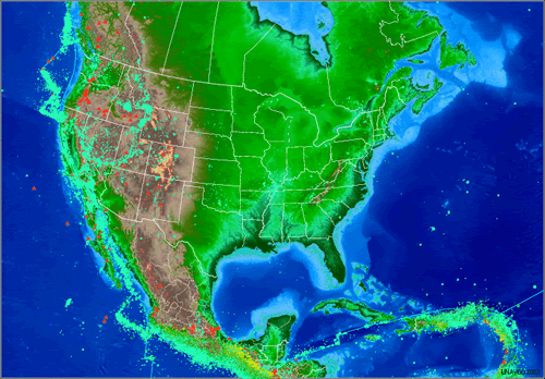 Topography of contiguous US with EQs and Volcanoes