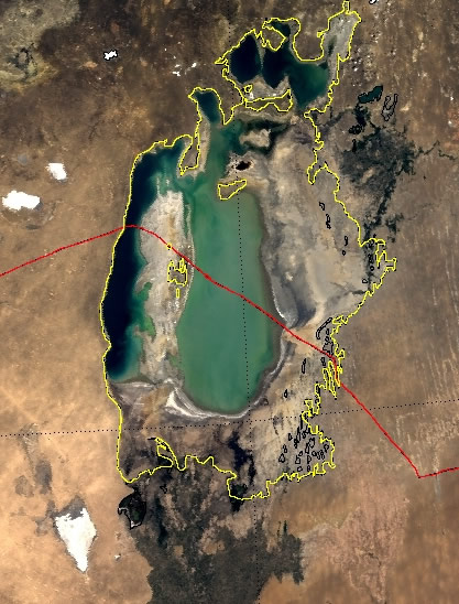 Aral Sea in 2003 with former shoreline
