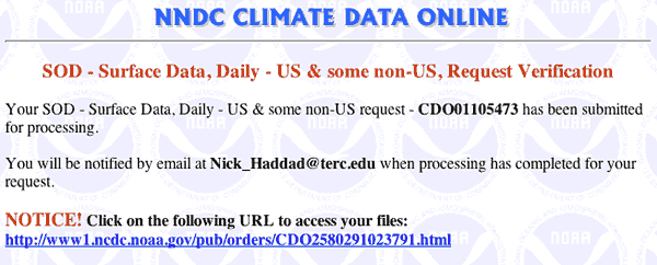 This image shows the message that confirms your order has been submitted for processing. It also shows the link you can click to get to the data on the NOAA web site.