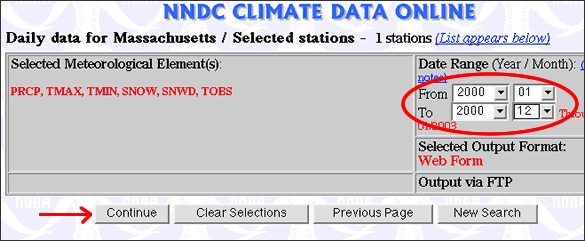 A portion of the N.O.A.A. web site used to enter the data range.