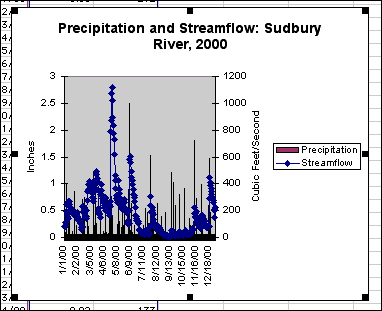 The Precipitation-Streamflow graph shown within the Excel Chart Wizard
