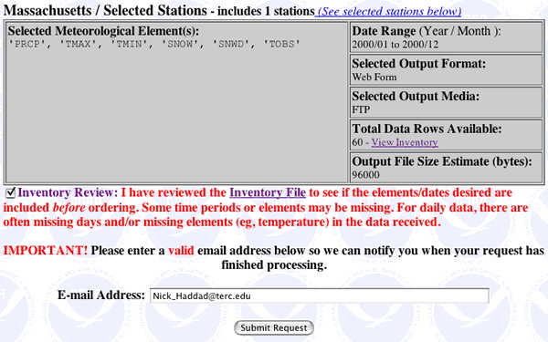This image shows the summary of data you are ready to request, and includes a place where you enter your e-mail address and a button for submitting your request for the data to NOAA.. 