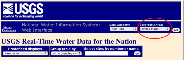 This image includes the title bar of the USGS Web site and the drop down menu where an individual state can be selected. 