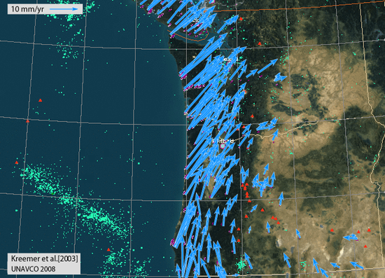 Cascadia Map with Vectors, Earthquakes, and Volcanoes Plotted