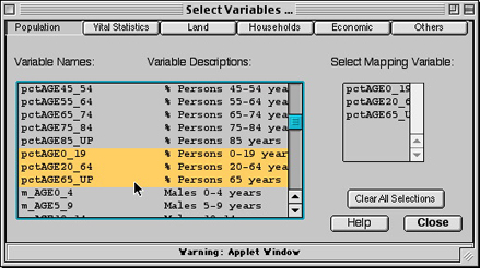 Three variables selected in window