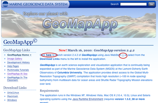 Geomapapp Java version and help lnk