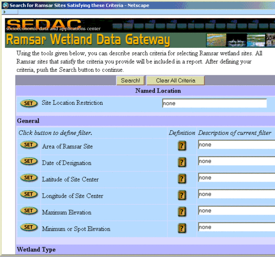 Ramsar Search for Wetlands Sites Page