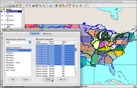 Group of Zebra Mussels selected on map
