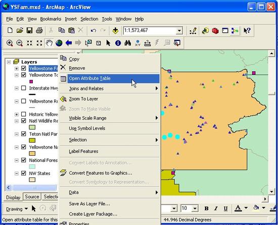 110 Open Attribute Table Yellowstone Facilities
