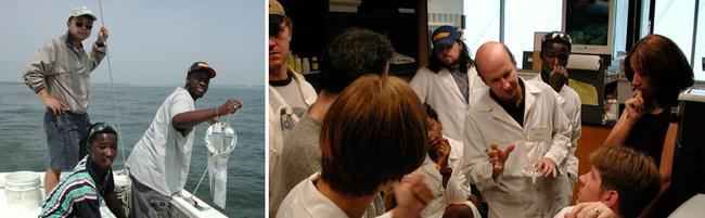  Image of sampling in Chesapeake Bay and students learning PCR