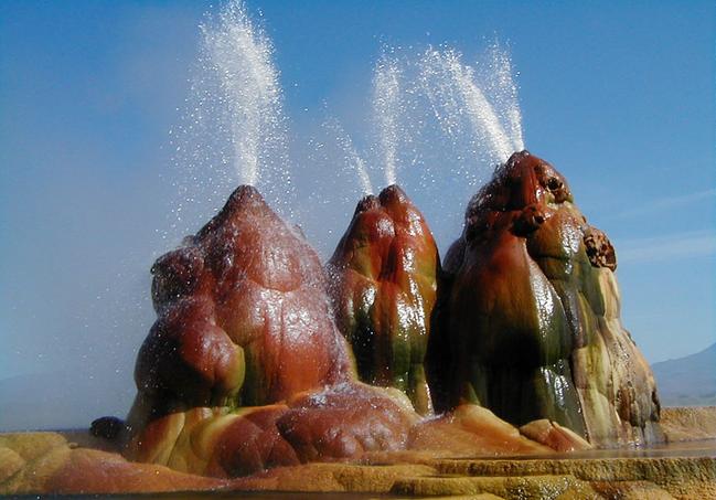 Image of the three buddas spouting at the Fly Ranch