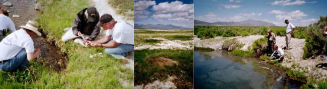 Three images of the investigators sampling thermal features