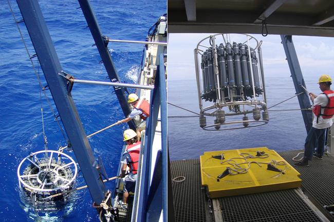  Deploying a conductivity temperature depth CTD rosette profiling package in the Northwestern Sargasso Sea off of Bermuda.