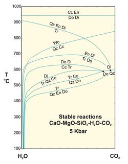 TX diagram showing stable reactions in CMSHC at 5 Kbar