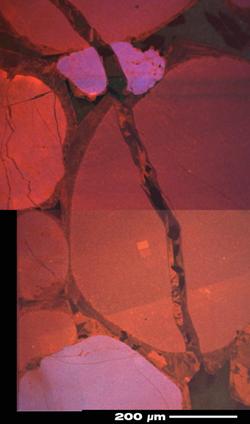 CL Image of numerous generations of quartz in a sandstone.