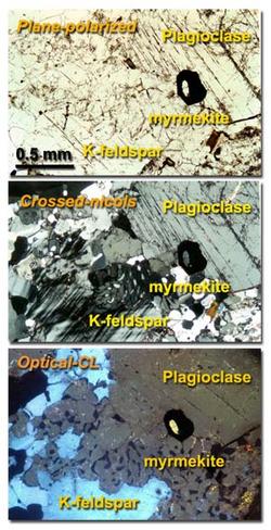 Myrmekite viewed optically and with optical-CL