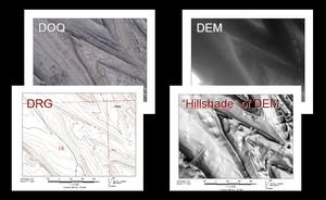 Image displays four different spatial data products: DOQ, DRG, DEM, Hillshade 