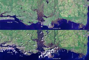 Landsat 7 images show damage from Hurricane Katrina along the Mississippi Gulf Coast from Biloxi, Mississippi to the edge of Mobile, Alabama.