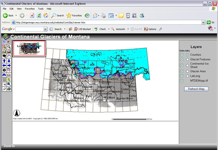 Example of window from the Internet Map Server (IMS) of continental glaciers of Montana.