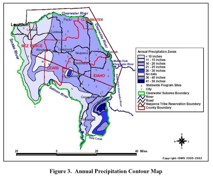 countour map of average annual precipitation within the Clearwater Plateau.