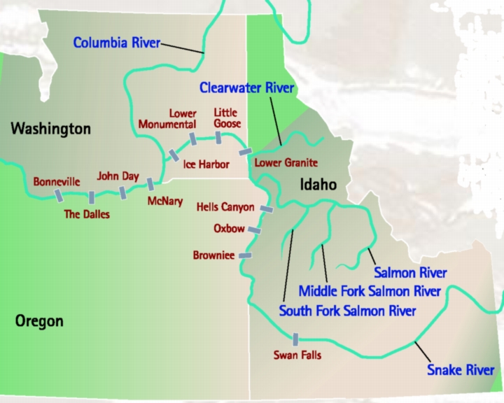 Map of dam locations throughout the Columbia River Basin.