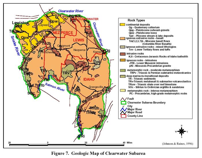Map of the general geology of the Clearwater Plateau.