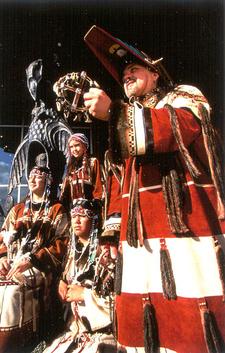 Aleut dancers in traditional ceremonial dress.