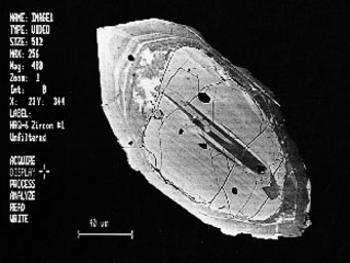 Back scattered electron image of a zoned zircon grain.